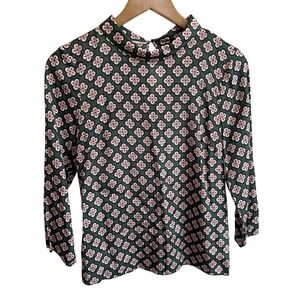 Boden Lily Top Size 2 Green Pink Broad Bean Tile Print Blouse Satin Long Sleeve